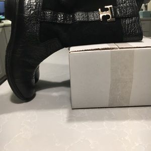 Tory Burch mid- shaft  moto black leather and suede boot.